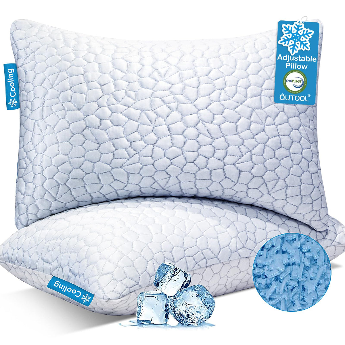 QUTOOL Almohada refrigerante de espuma viscoelástica triturada Set 2, funda doble cara y relleno ajustable para sueño fresco y sop