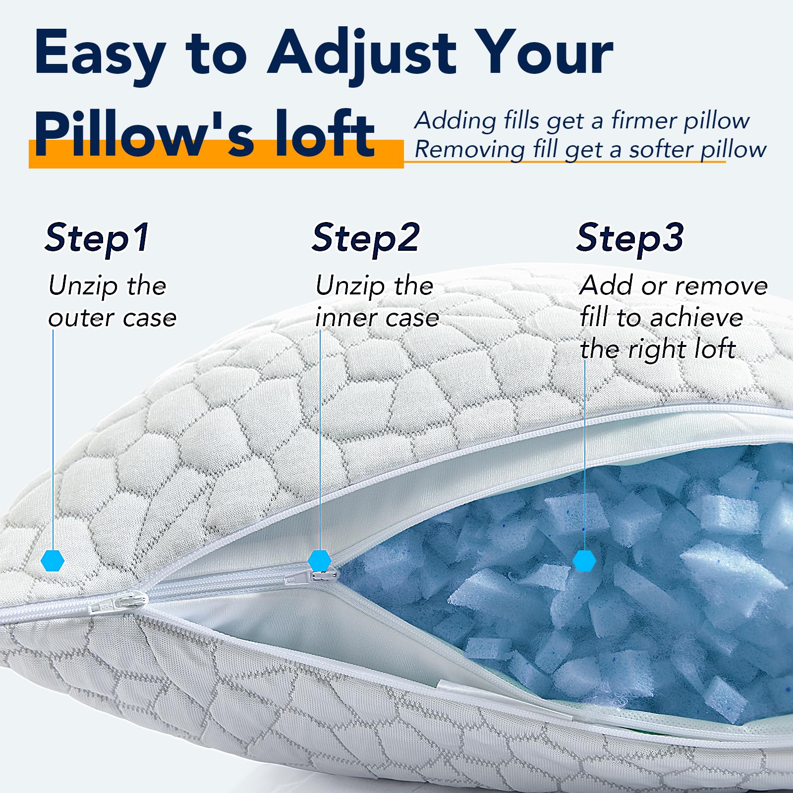 QUTOOL Almohada refrigerante de espuma viscoelástica triturada Set 2, funda doble cara y relleno ajustable para sueño fresco y sop