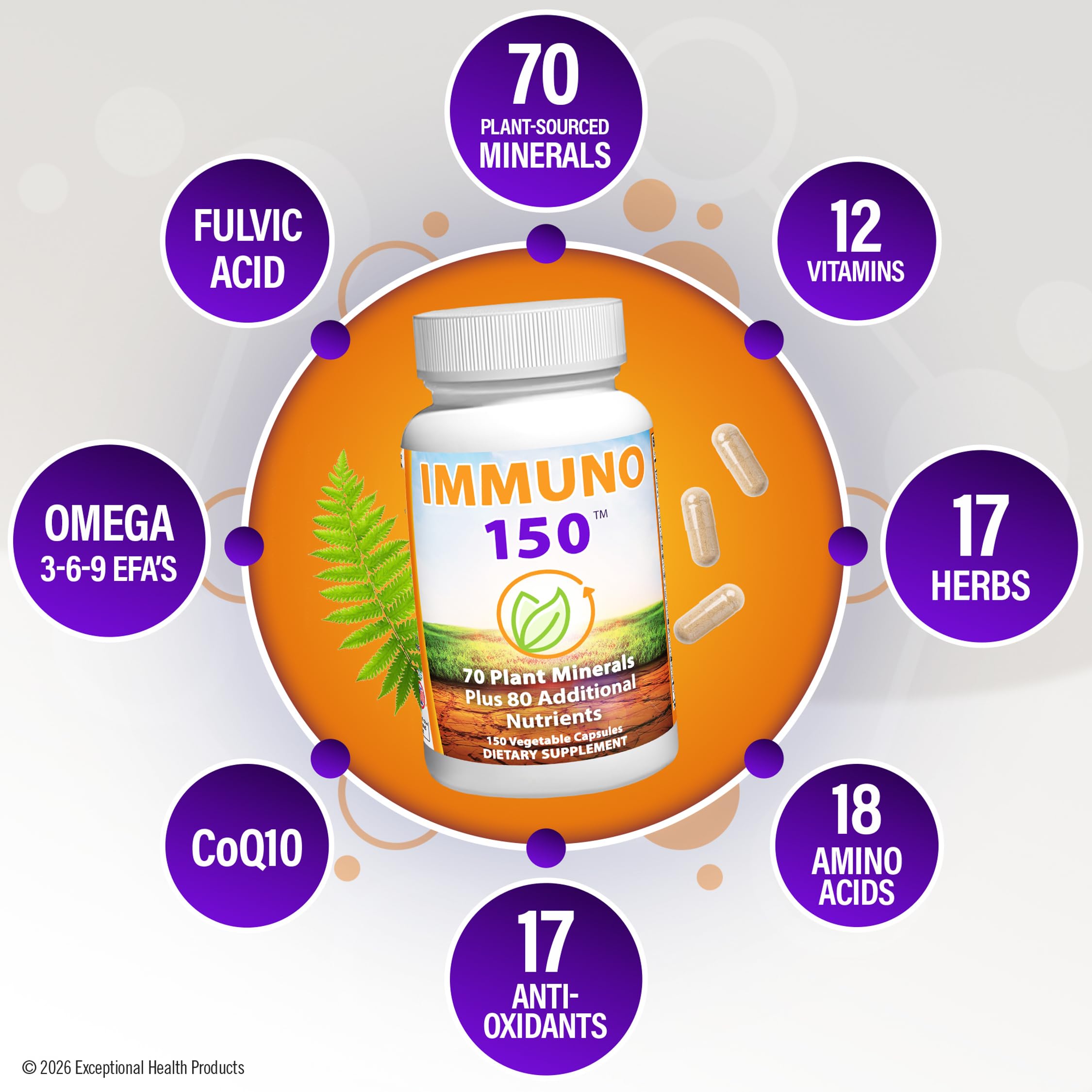 Mezcla de ingredientes naturales de Immuno 150 mostrando origen vegetal y antioxidantes