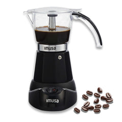 IMUSA vista frontal de la cafetera negra, diseñada para espresso casero seguro