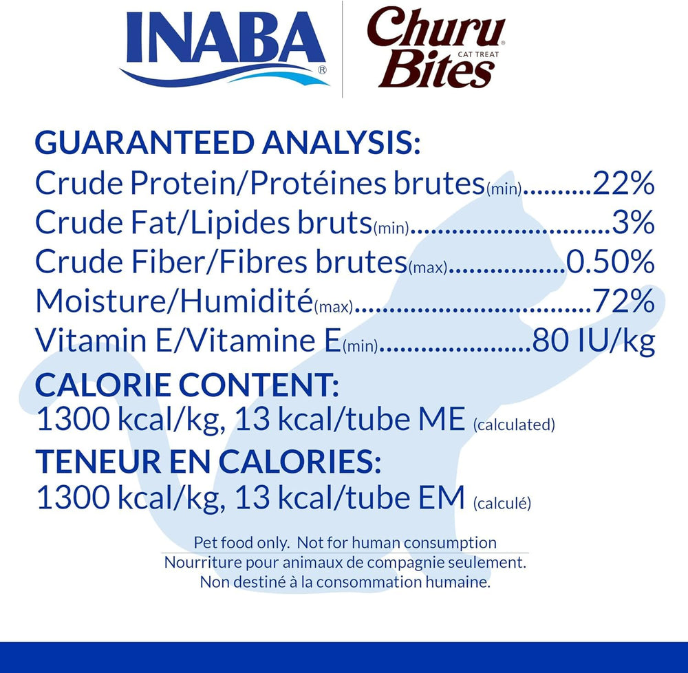 INABA etiqueta de ingredientes mostrando pollo y atún naturales y ausencia de aditivos