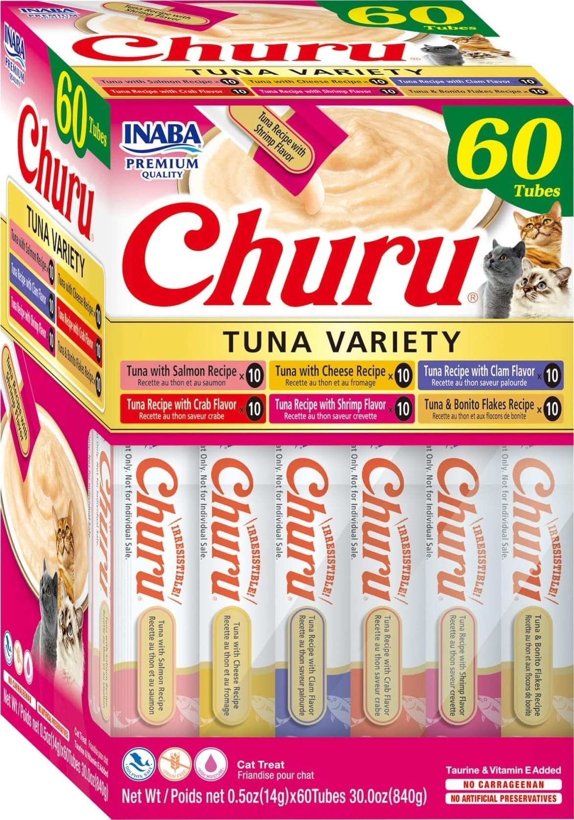 INABA Churu paquete frontal mostrando 60 tubos y fácil almacenamiento