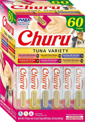 INABA Churu paquete frontal mostrando 60 tubos y fácil almacenamiento