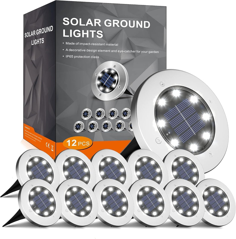 INCX paquete de 12 luces solares frontal mostrando unidades y diseño práctico