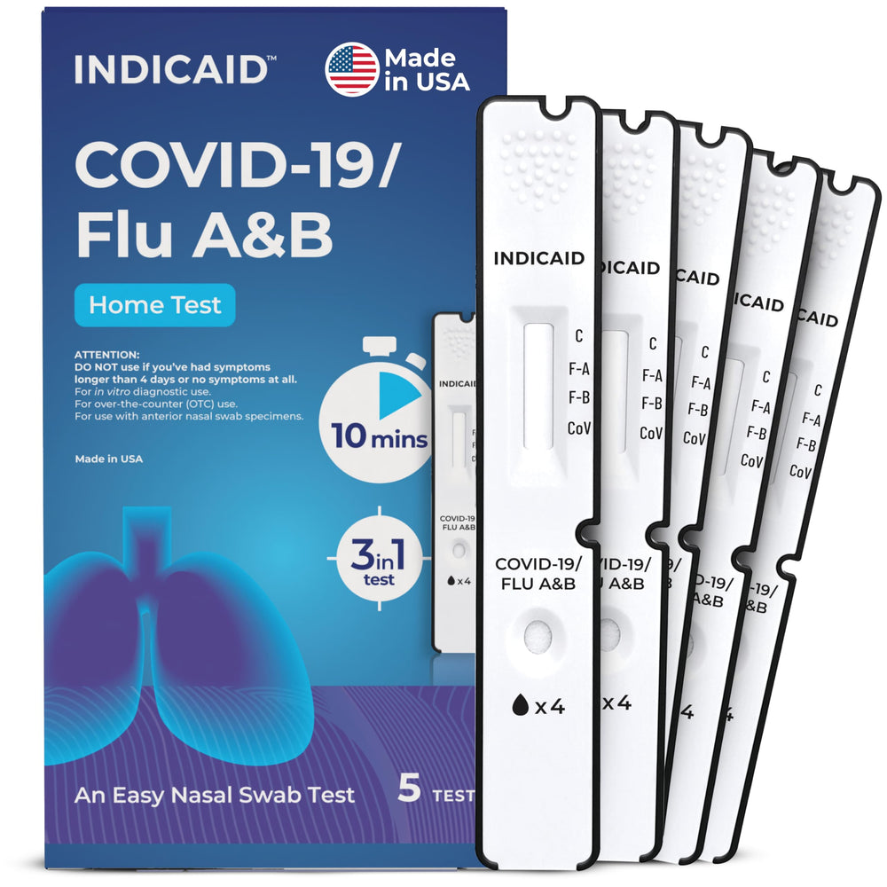 INDICAID caja frontal mostrando 5 pruebas y beneficios de detección rápida