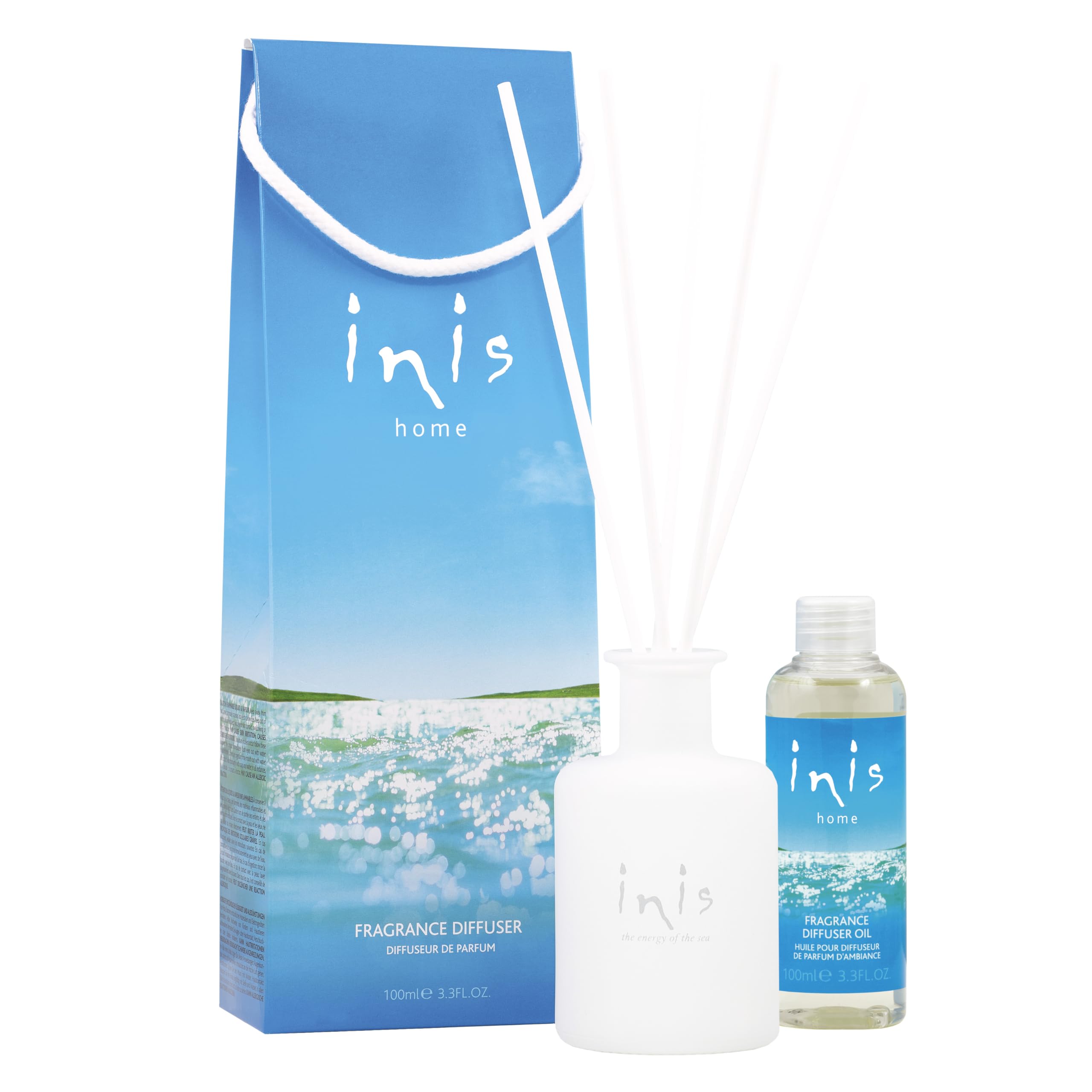 Inis difusor frontal en frasco esmerilado muestra diseño elegante y armonía