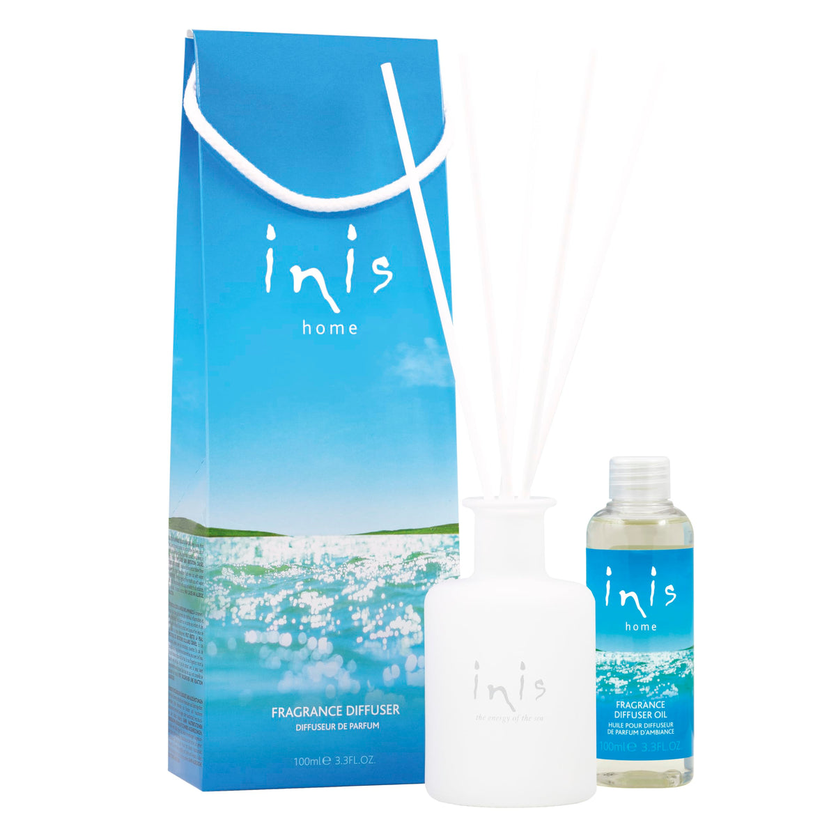 Inis difusor frontal en frasco esmerilado muestra diseño elegante y armonía