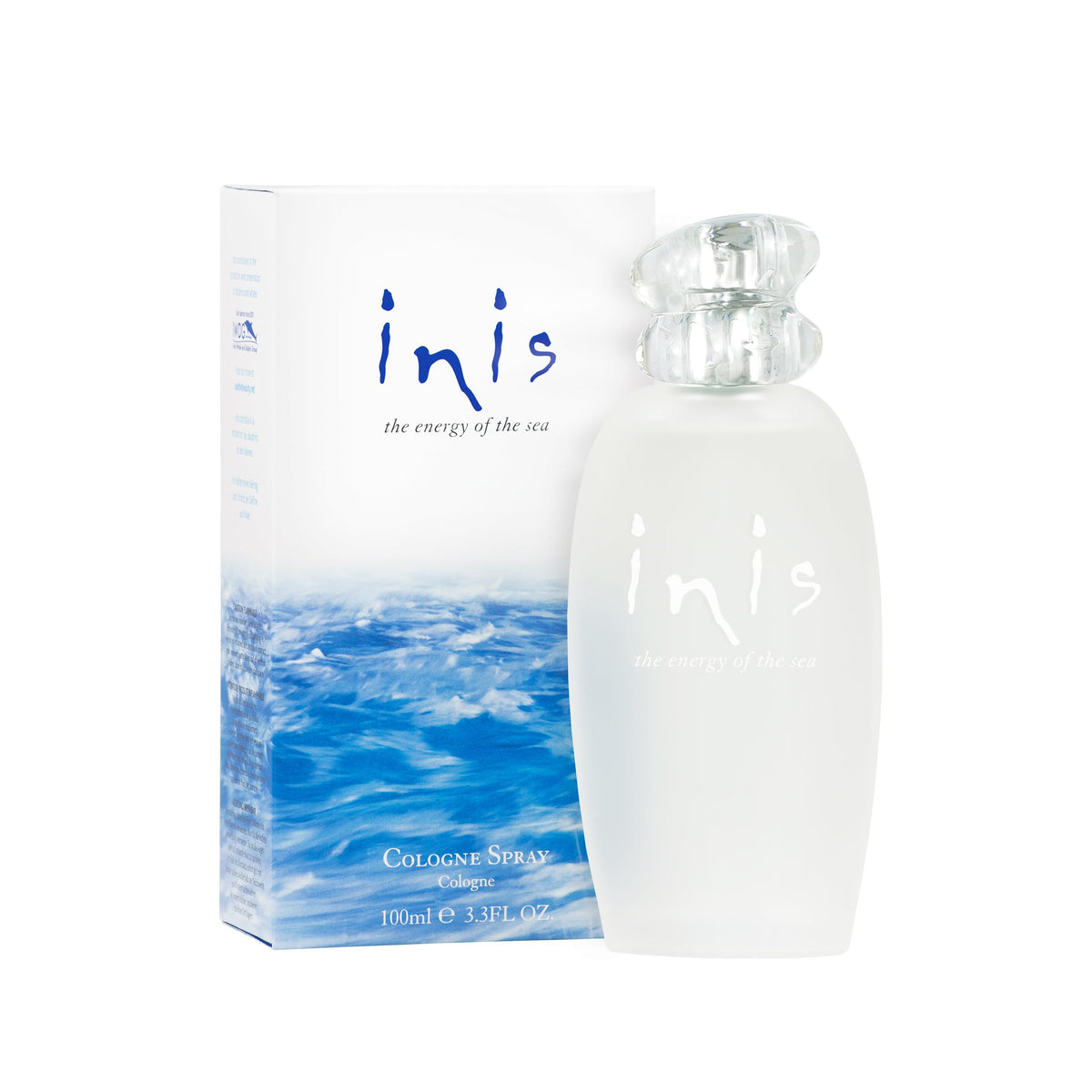 Inis el frasco esmerilado frente mostrando diseño elegante y frescura