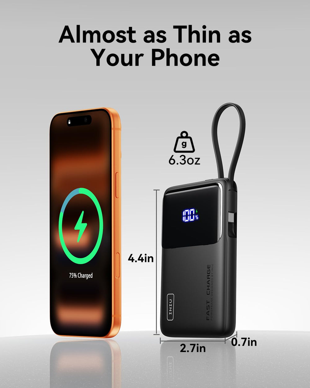 INIU built-in USB-C cable detail highlighting convenience and no-extra-cable benefit