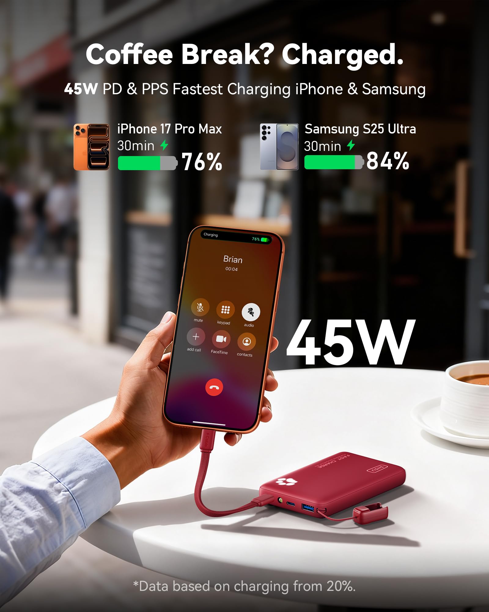 INIU cargador con cable USB-C desmontable conectado y recargando teléfono