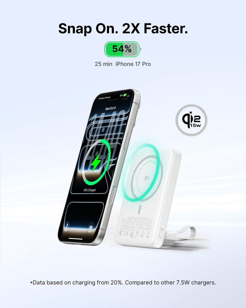 INIU cargador en uso con iPhone vertical mostrando carga magnética segura y manos libres