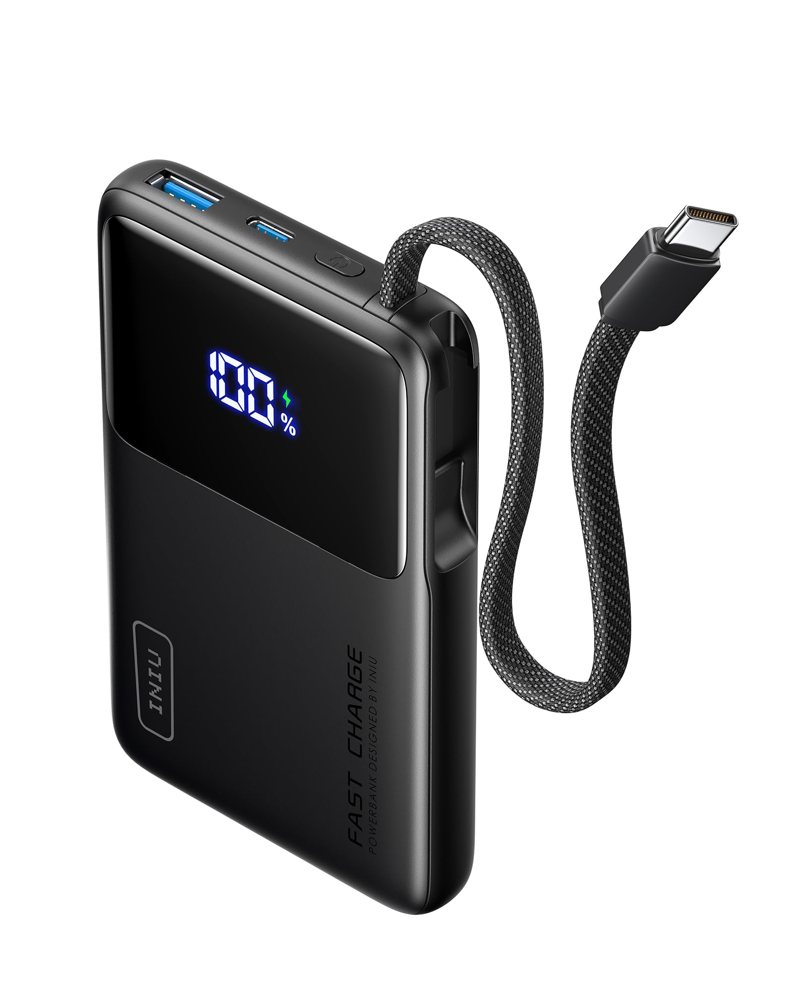 INIU compact front view showing sleek black housing and ports for portability benefit