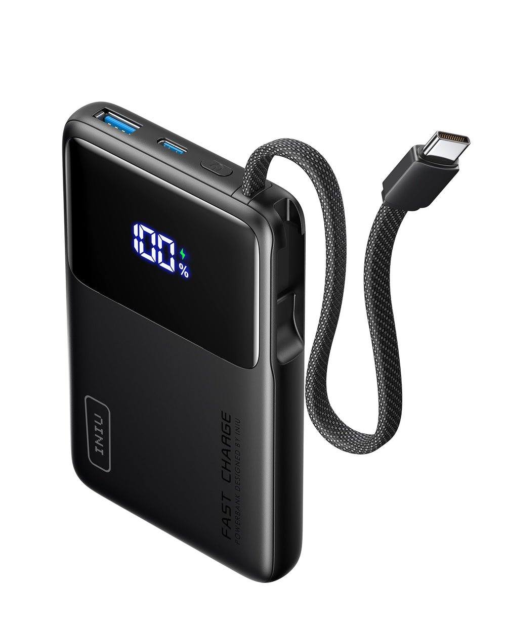 INIU compact front view showing sleek black housing and ports for portability benefit