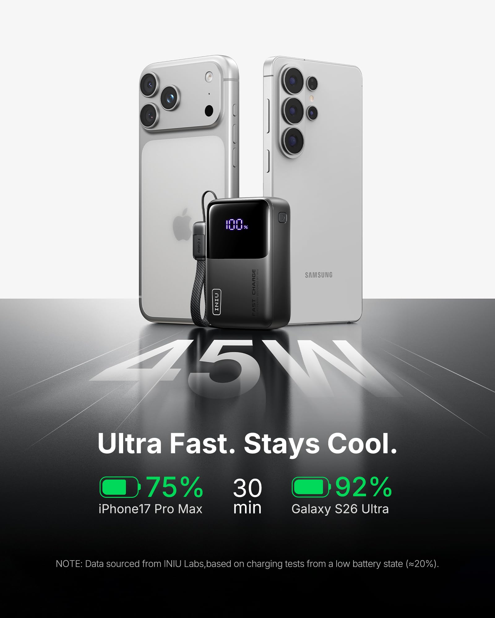 INIU power bank en mano para comparar escala y facilidad de transporte