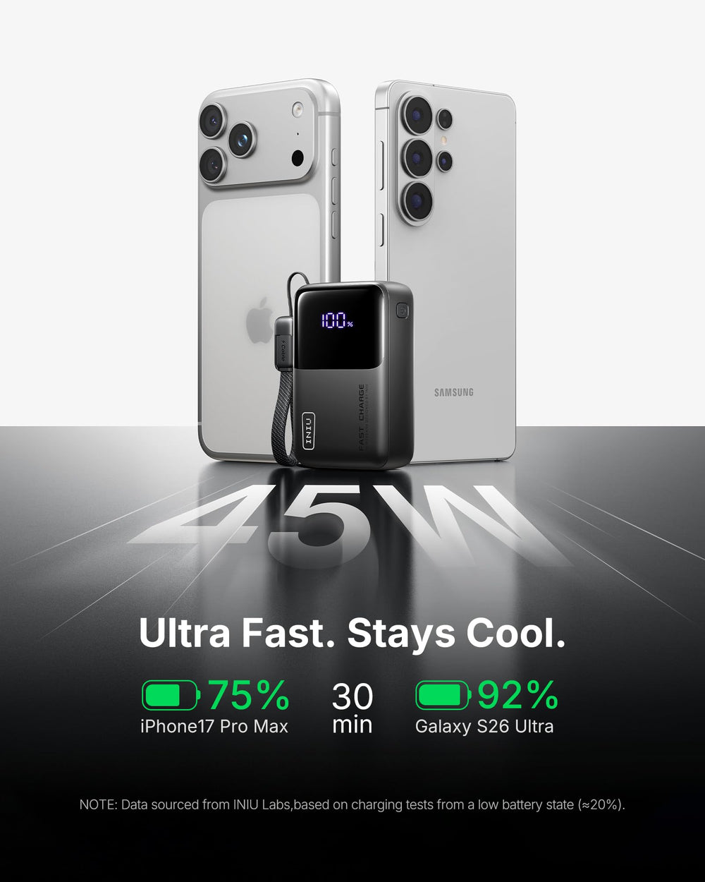 INIU power bank en mano para comparar escala y facilidad de transporte