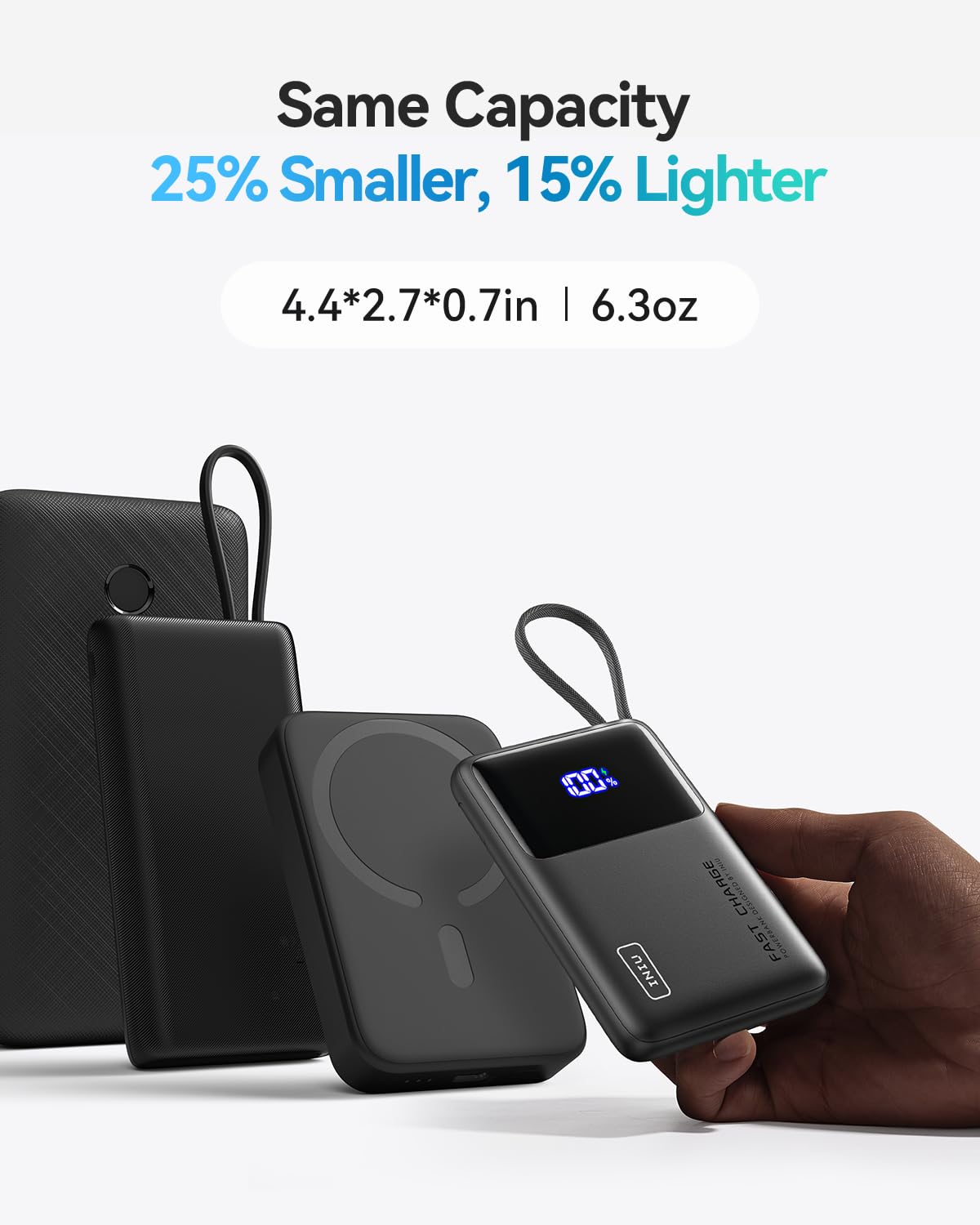 INIU slim side profile illustrating 25% smaller size and easy carry benefit