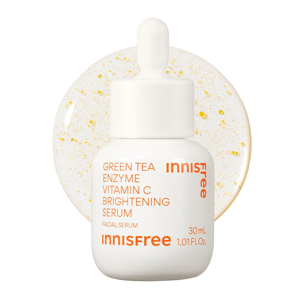 innisfree botella frontal del sérum mostrando diseño y volumen, ideal para rutina brillante
