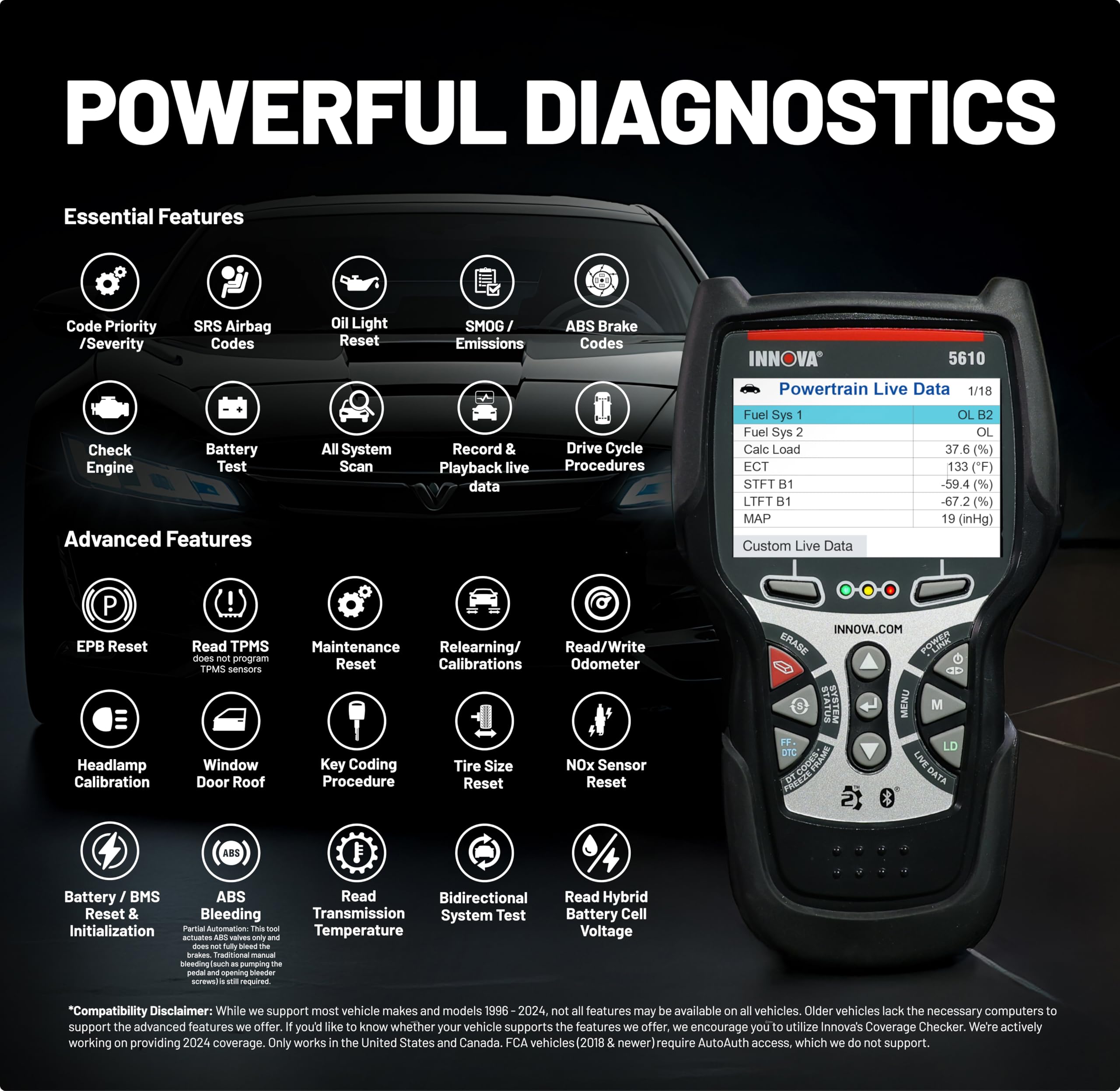 Innova 5610 caja con manual y accesorios Innova listo para usar al recibir