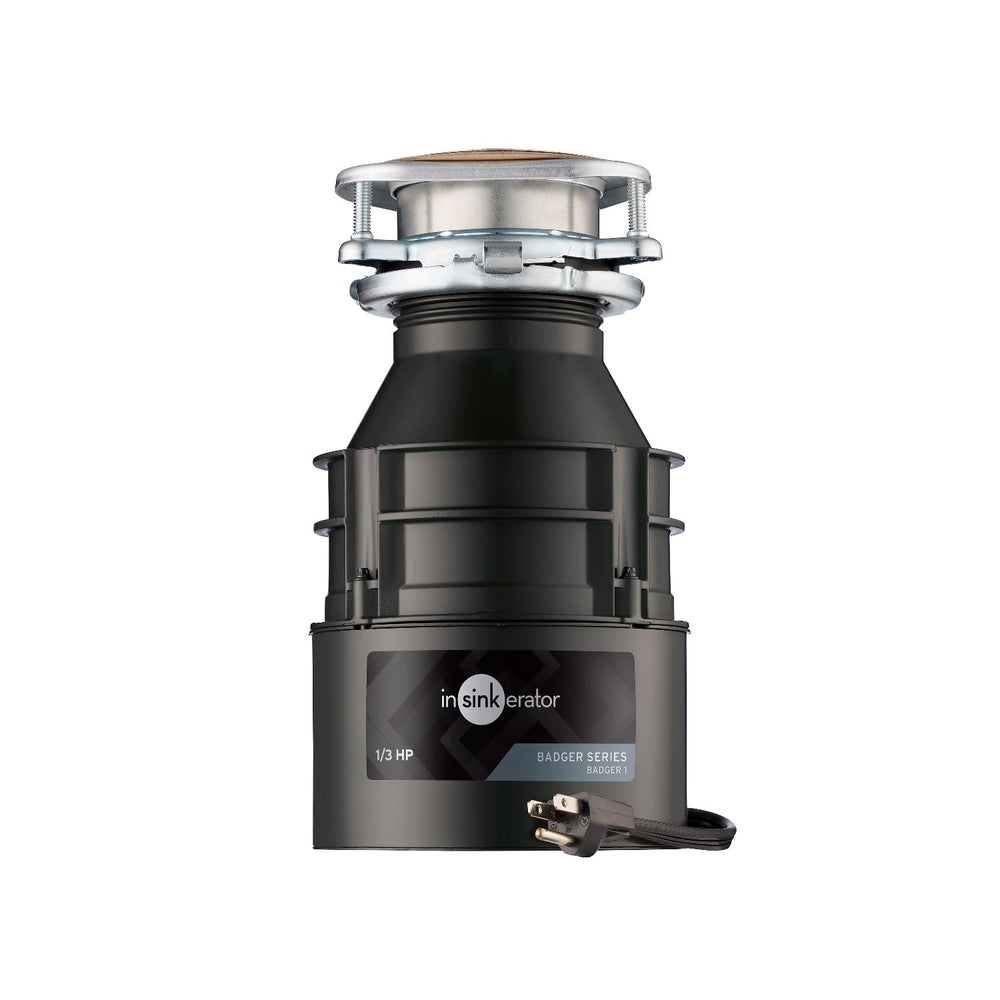 InSinkErator Badger 1 vista frontal mostrando diseño compacto y ahorro de espacio
