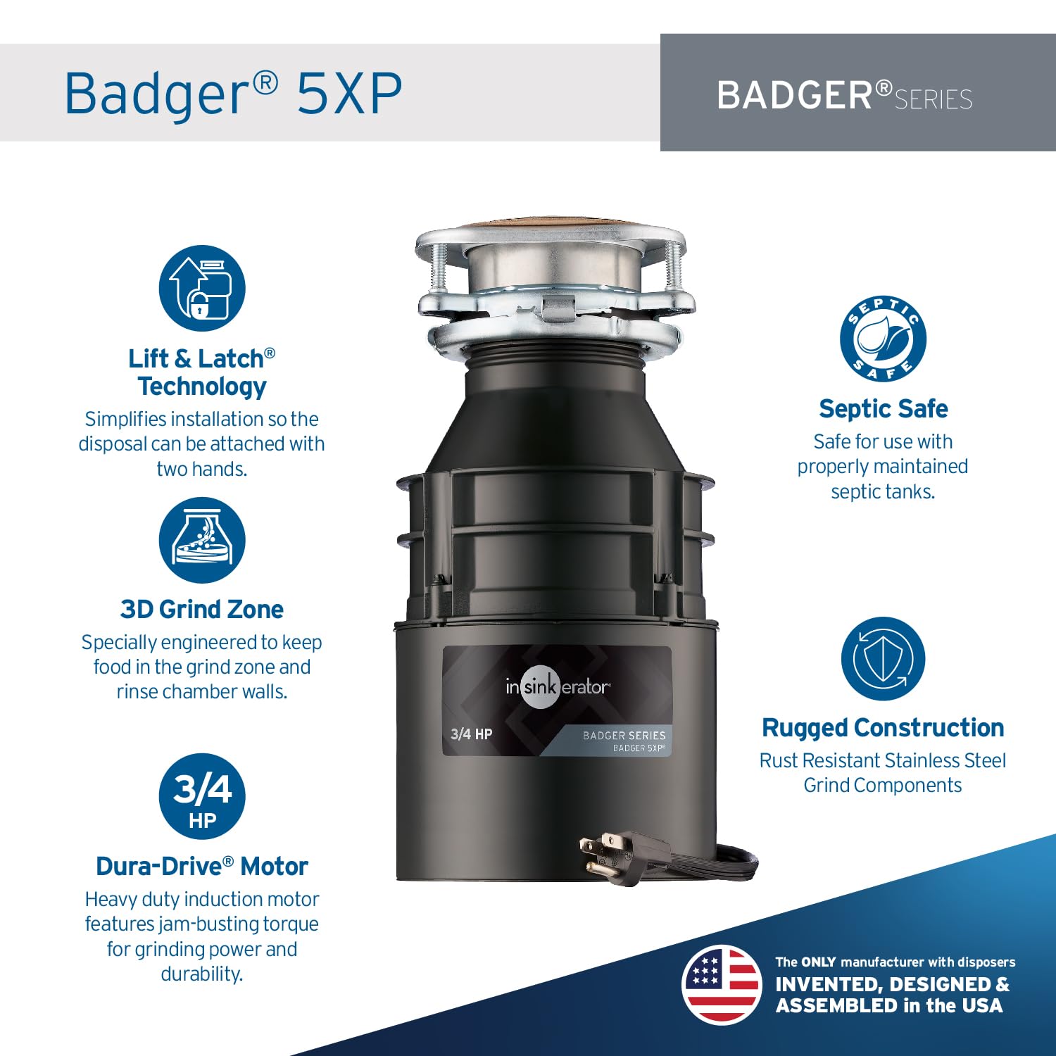 InSinkErator badger 5xp detalle del motor Dura-Drive que ofrece mayor torque