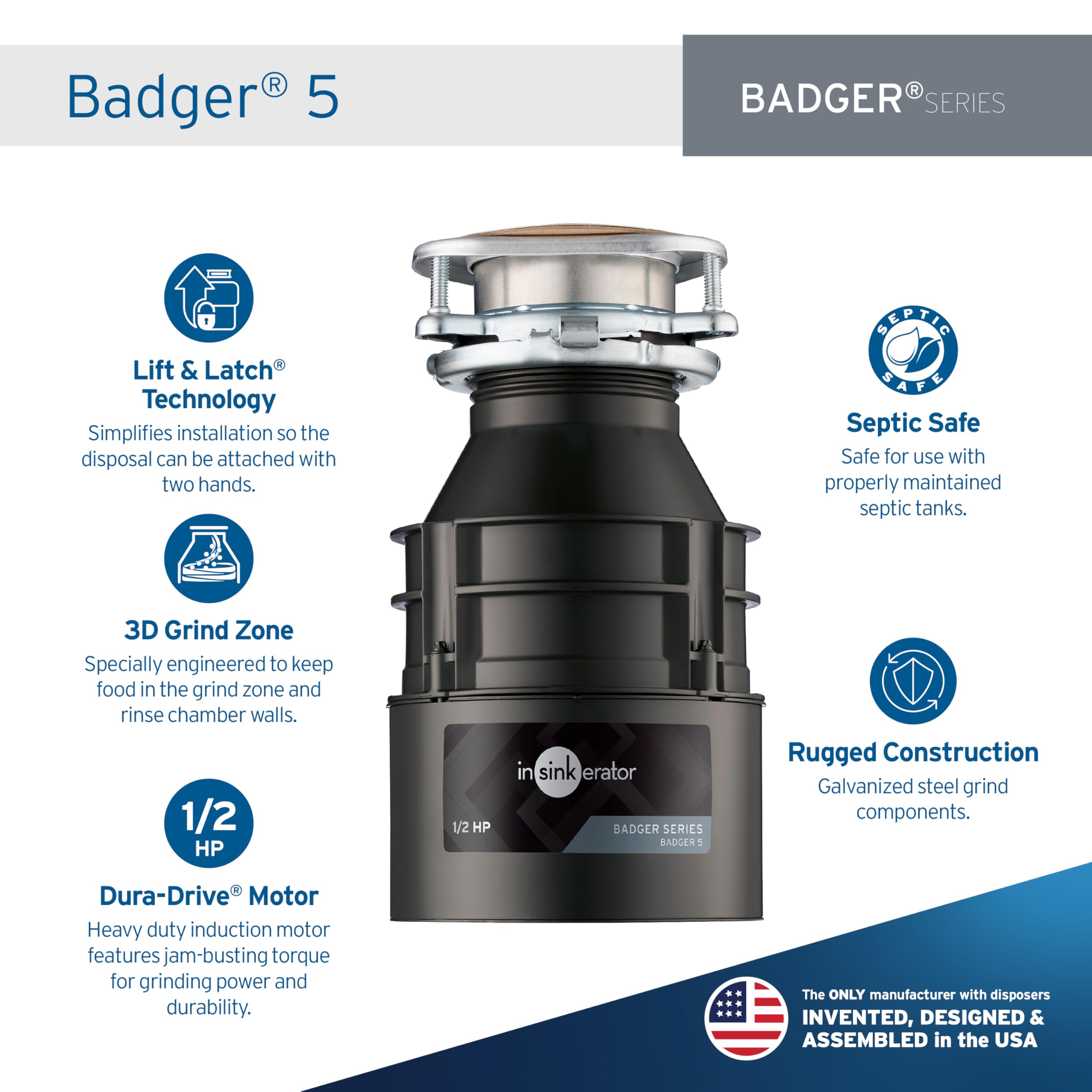 InSinkErator Badger 5 detalle del motor Dura-Drive garantizando torque fiable