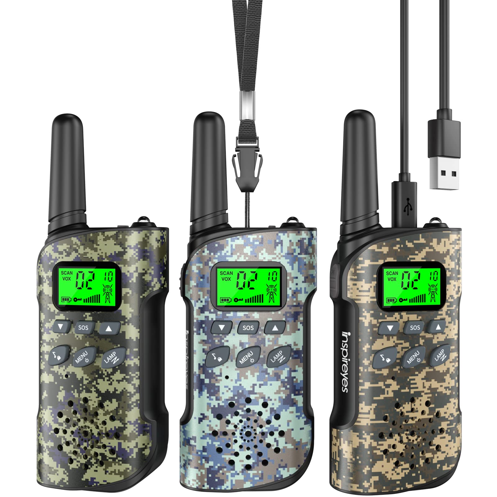 Inspireyes vista frontal del set de tres walkie talkies mostrando diseño claro y colores