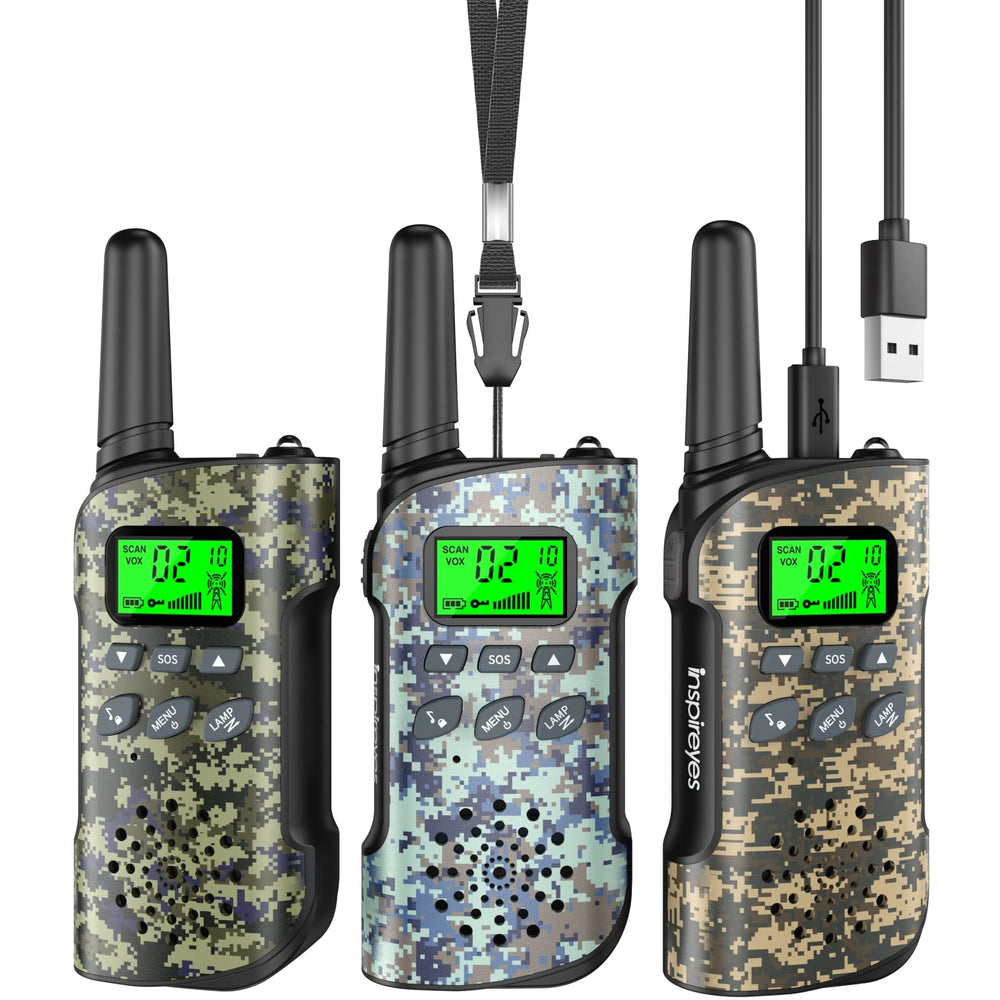 Inspireyes vista frontal del set de tres walkie talkies mostrando diseño claro y colores