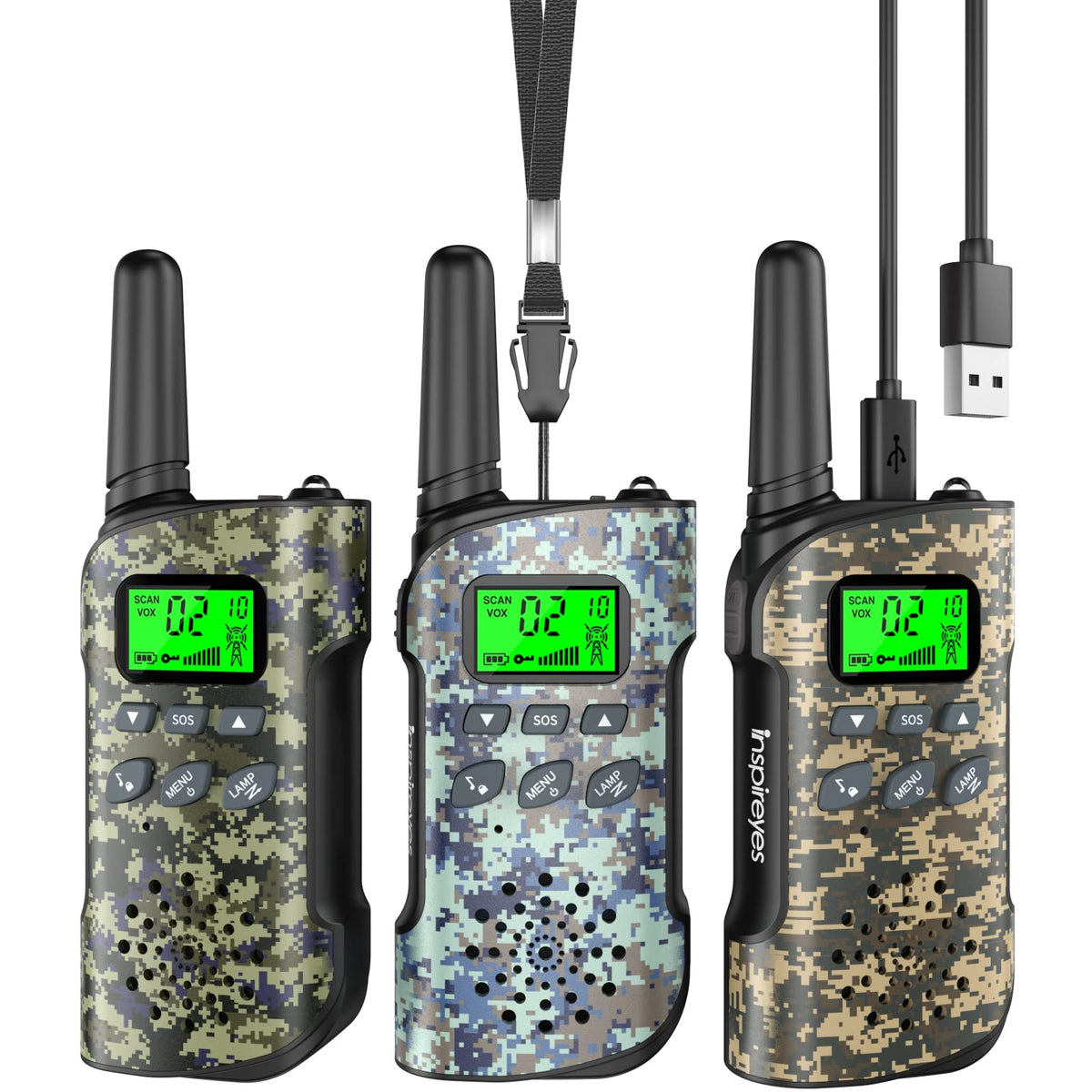 Inspireyes vista frontal del set de tres walkie talkies mostrando diseño claro y colores