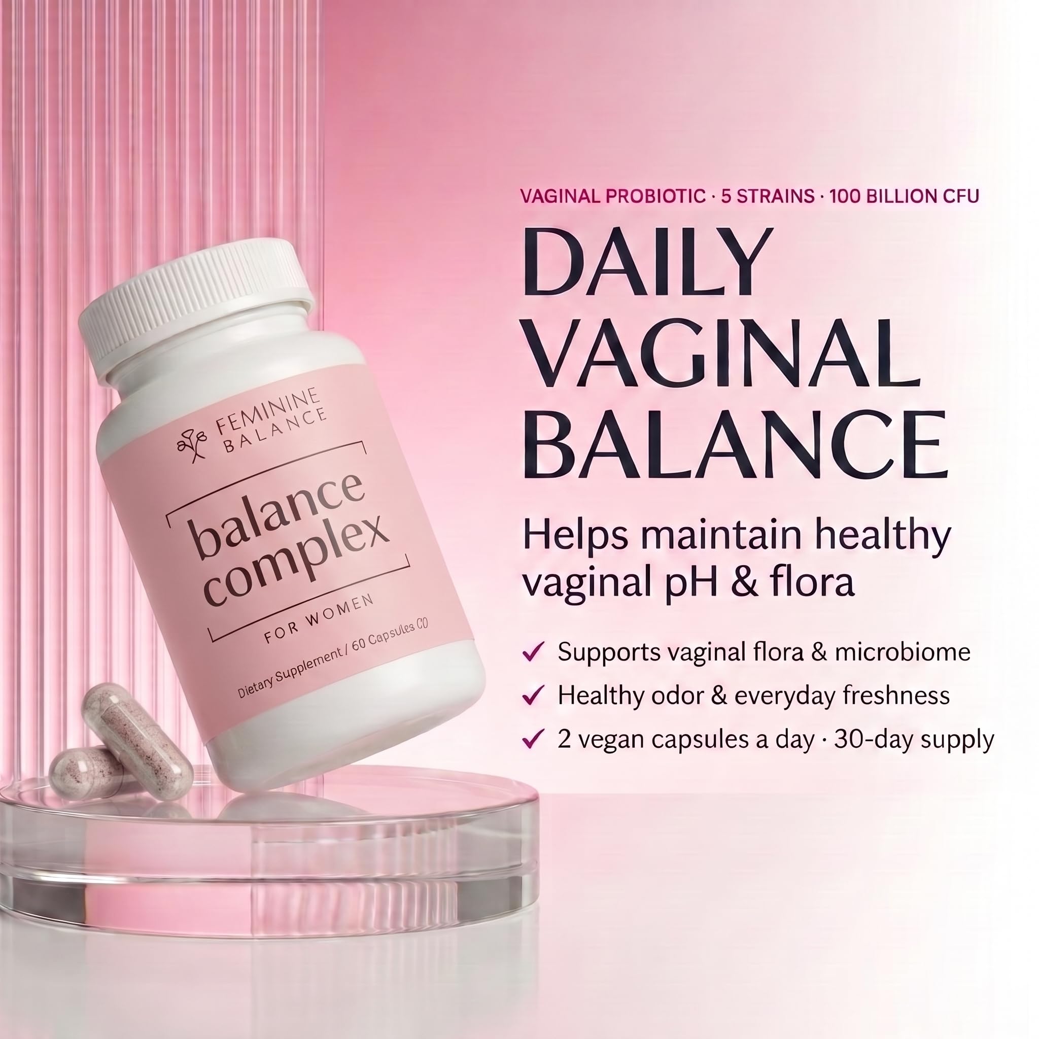 Instant Brands Balance Complex cápsulas en primer plano que ilustran dosis y fácil ingestión