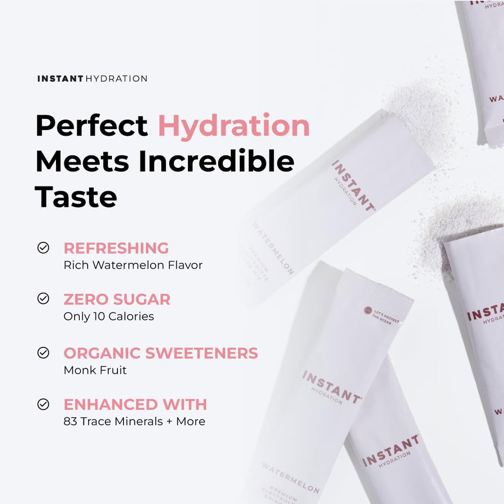 Instant Hydration envase lateral con etiqueta clara que destaca sin azúcar y apto vegano