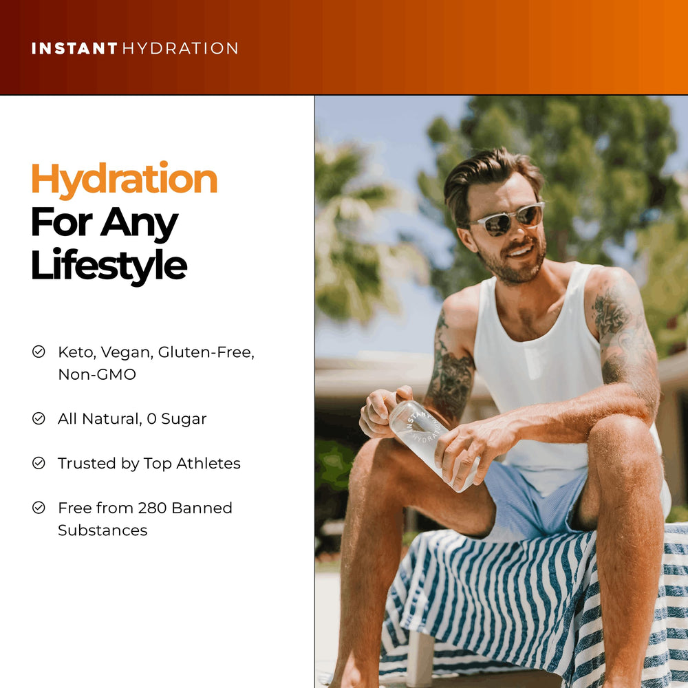 Instant Hydration escenario playa mostrando hidratación portátil en viaje