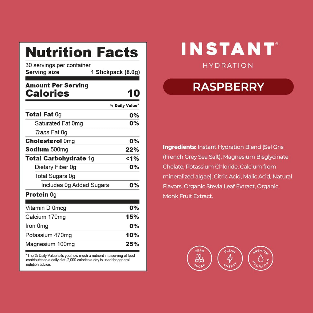 Instant Hydration etiqueta nutricional destacando 1220 mg electrolitos por porción