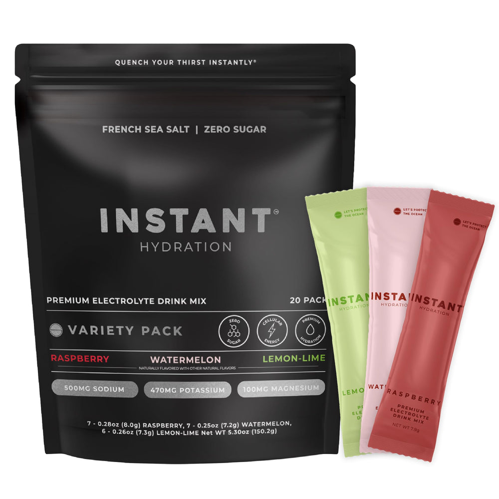Instant Hydration empaque frontal mostrando variedad y beneficios
