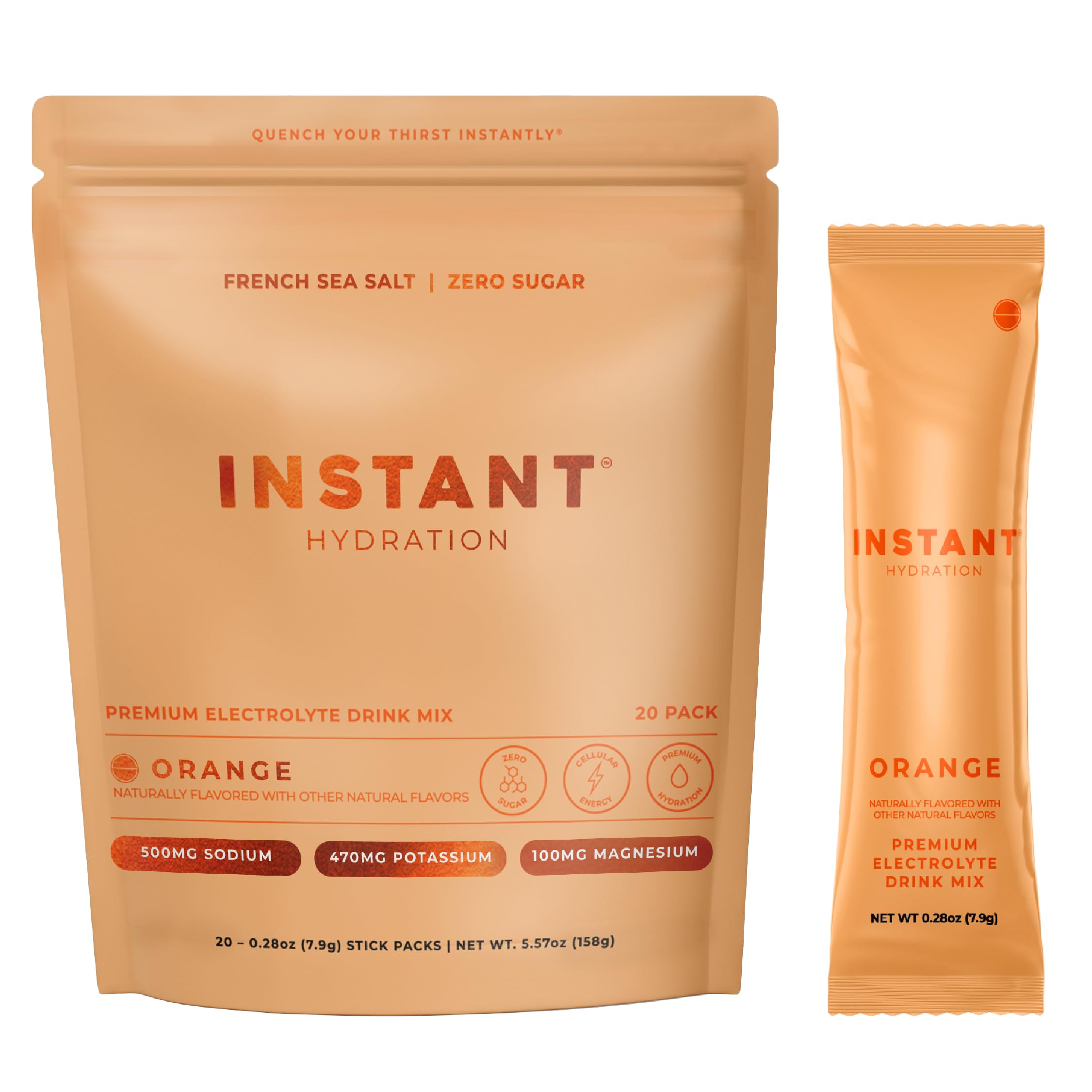 Instant Hydration paquete frontal mostrando sticks y sabor naranja, conveniencia portable