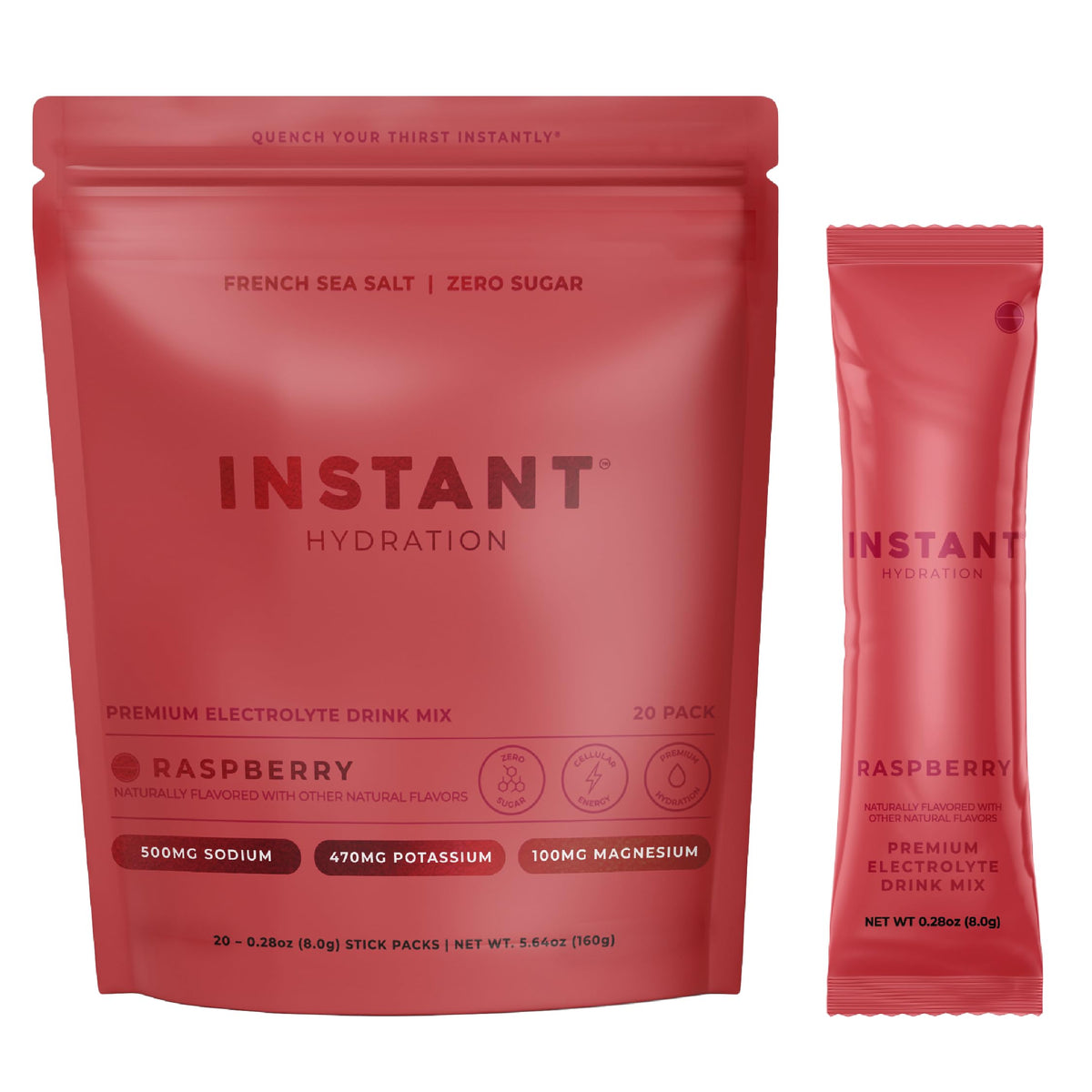 Instant Hydration frontal del envase mostrando 20 sobres y beneficio de portabilidad