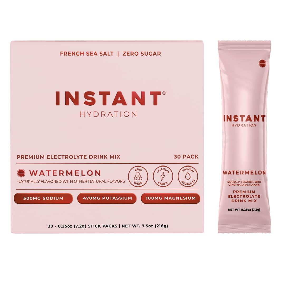 Instant Hydration vista frontal del paquete que muestra 30 sticks y beneficio de reposición rápida