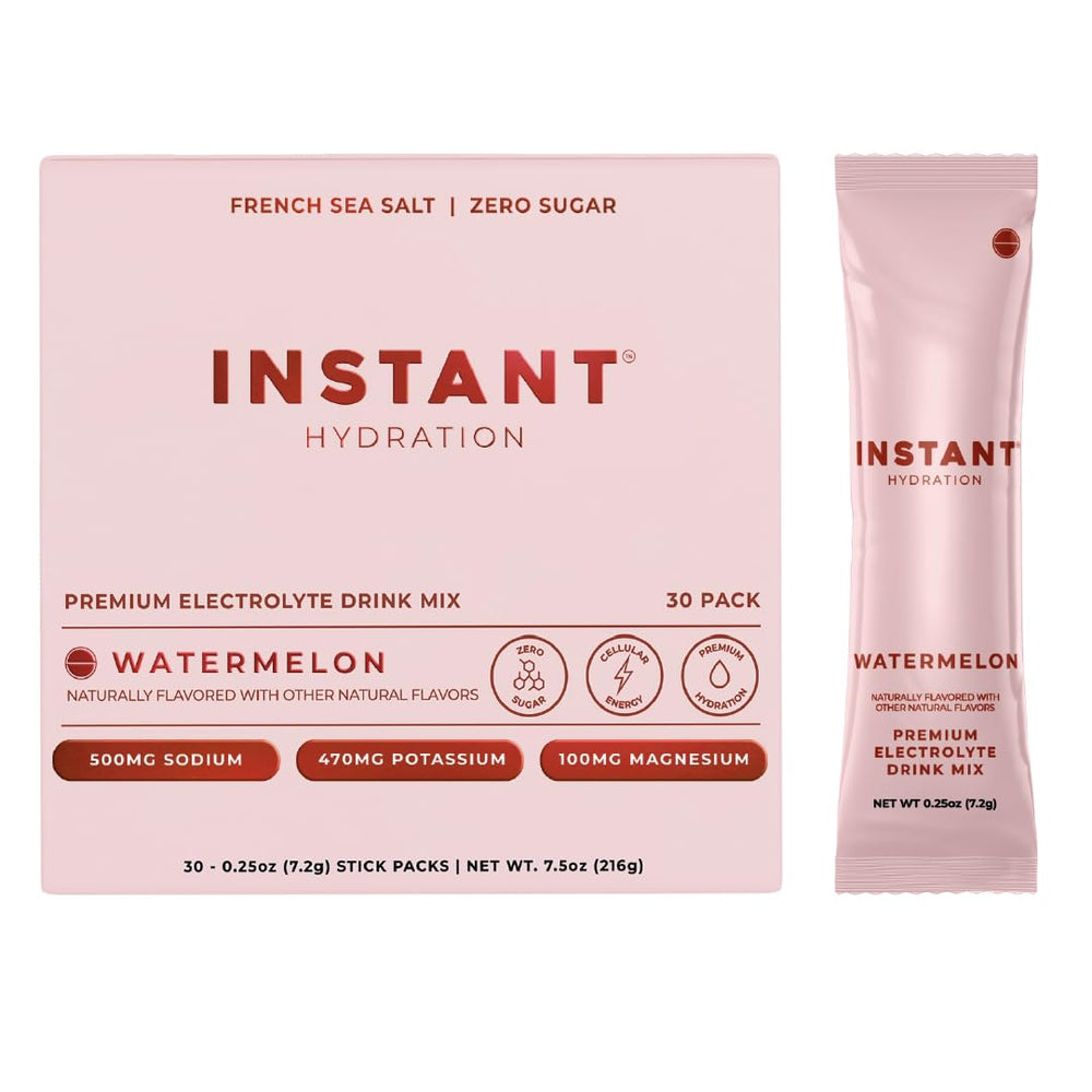 Instant Hydration vista frontal del paquete que muestra 30 sticks y beneficio de reposición rápida