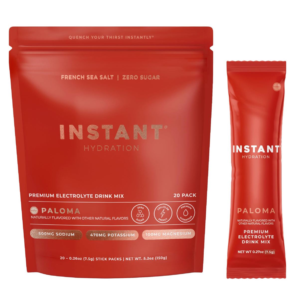 Instant Hydration frente del empaque mostrando 20 sobres y beneficio portátil