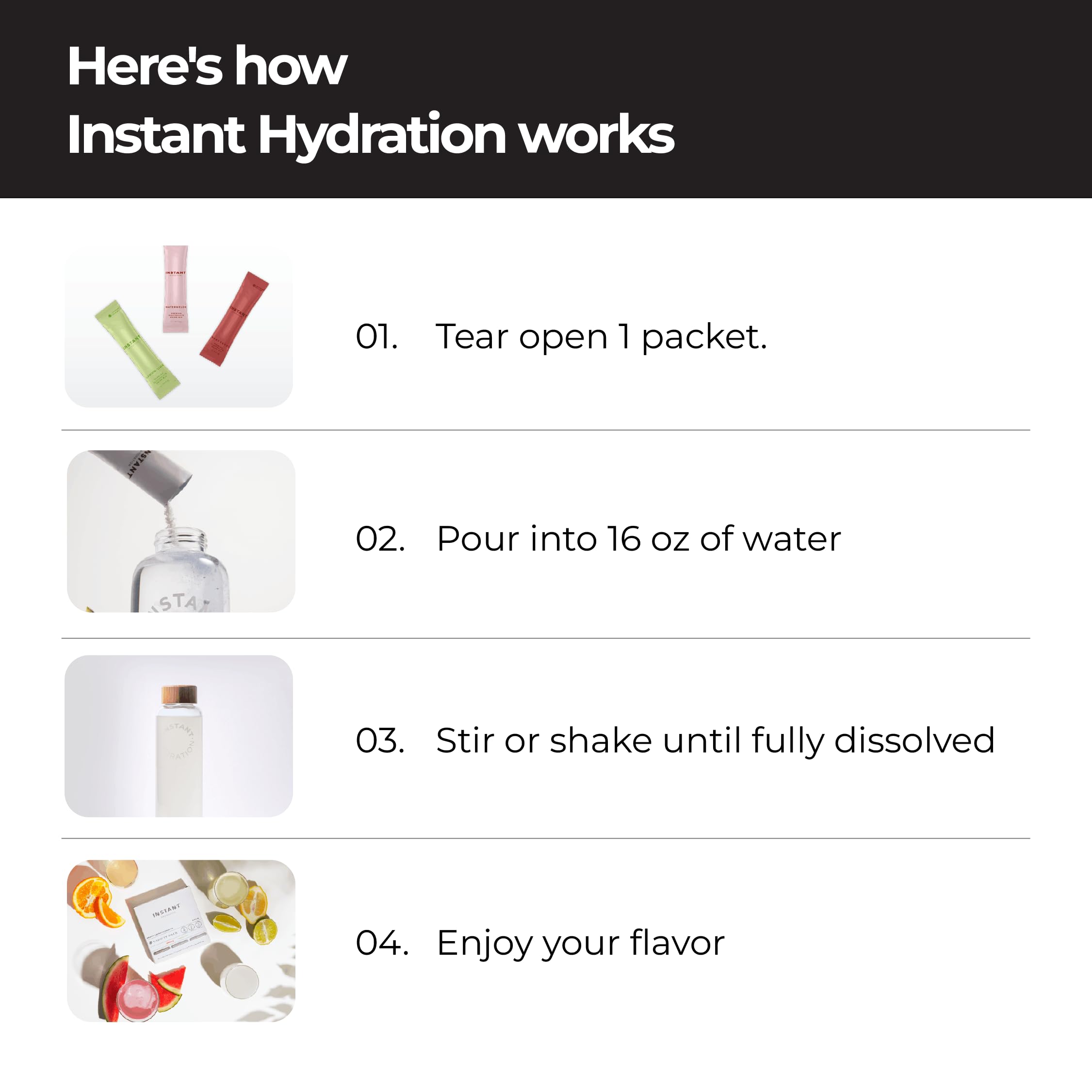 Instant Hydration sobre en mano para mostrar tamaño y portabilidad