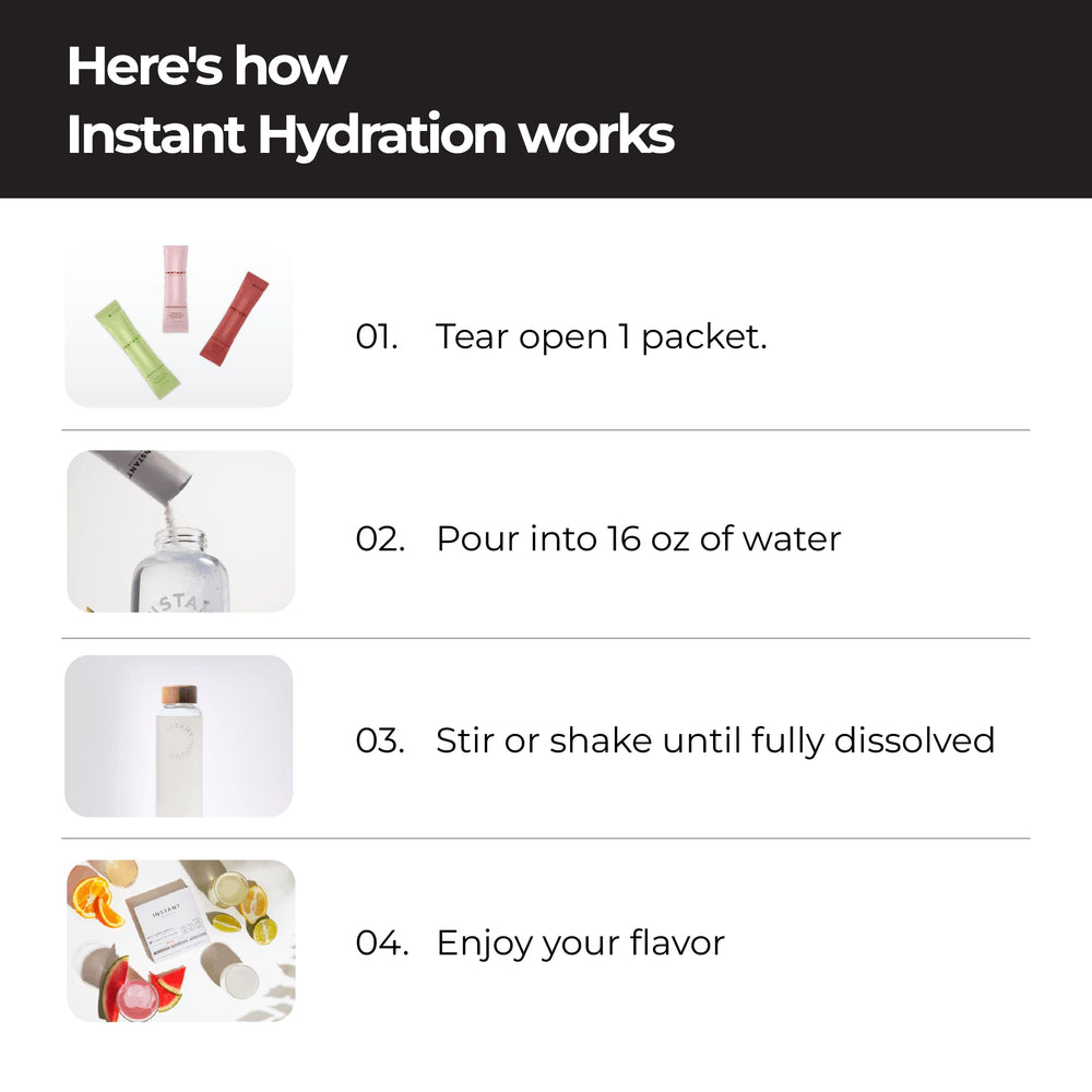 Instant Hydration sobre en mano para mostrar tamaño y portabilidad