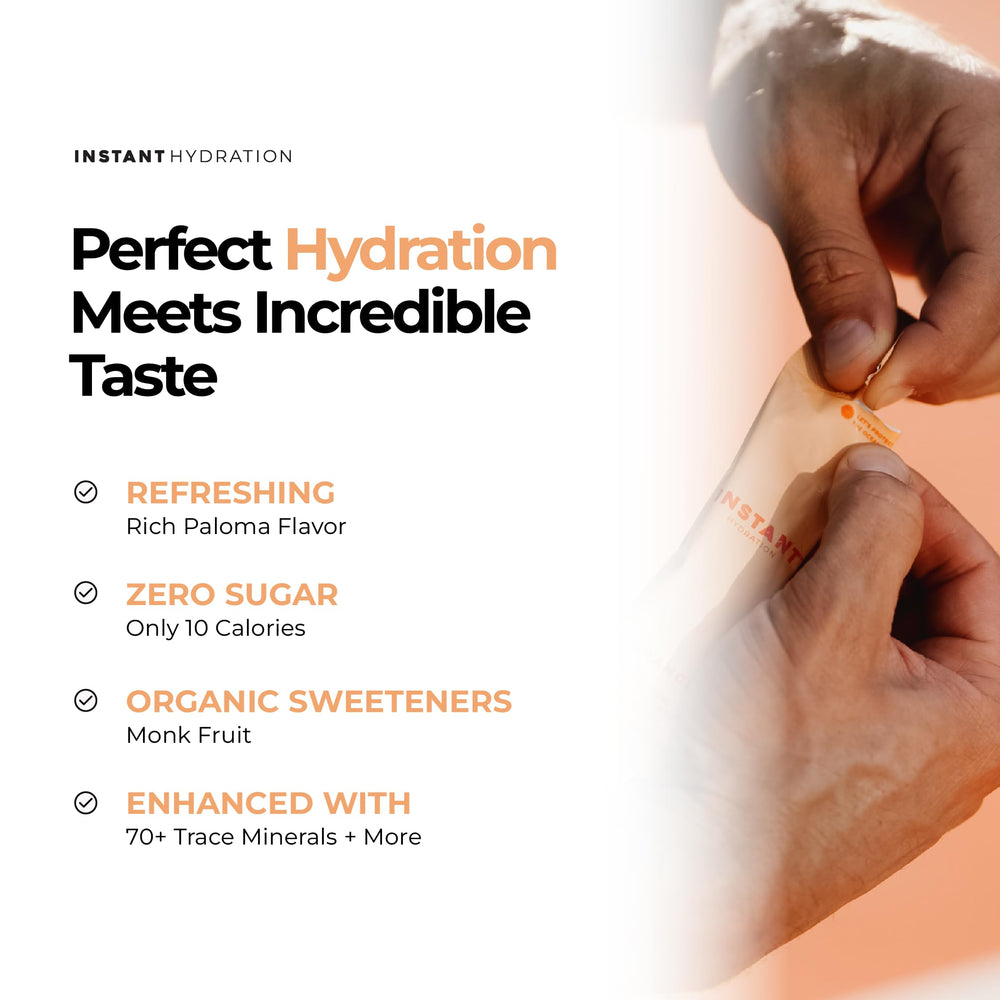 Instant Hydration polvo naranja en primer plano, textura fina para disolución rápida