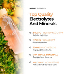 Instant Hydration vaso con bebida naranja, hidratación rápida y refrescante
