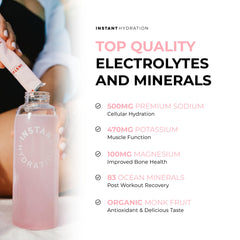 Instant Hydration vaso con bebida rosa sandía listo para beber y refrescar al instante