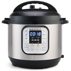 Instant Pot Duo vista frontal en acero inoxidable mostrando diseño compacto y versatilidad