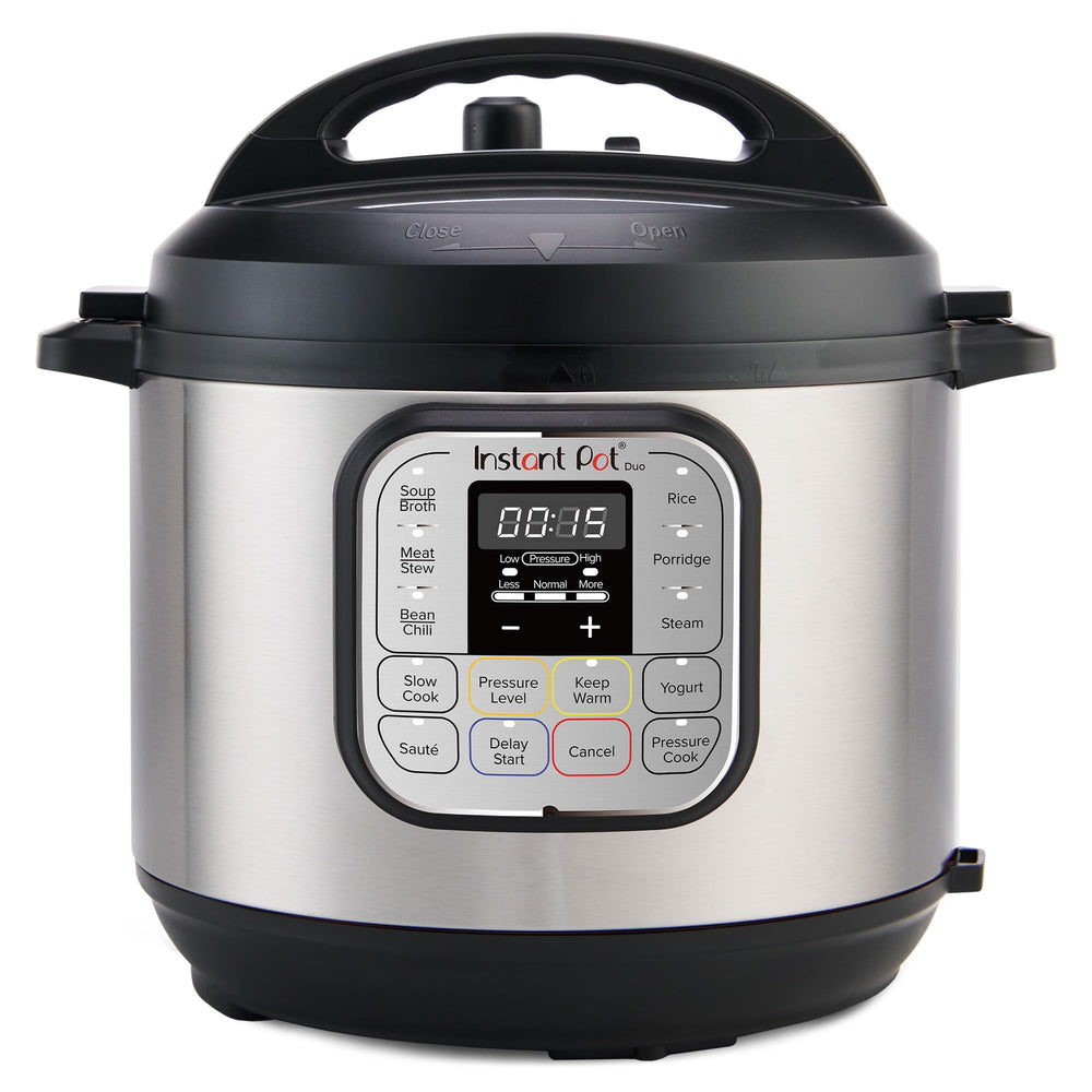Instant Pot Duo Mini frontal de acero muestra tamaño compacto y versatilidad