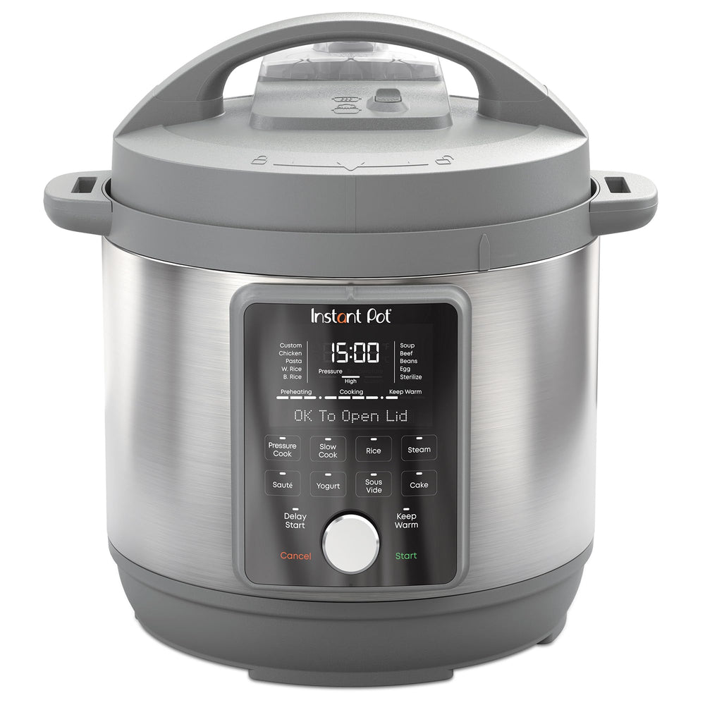 Instant Pot vista frontal en acero inoxidable mostrando diseño elegante y ahorro de espacio