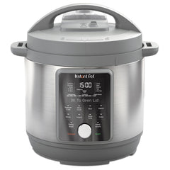 Instant Pot vista frontal en acero inoxidable mostrando diseño elegante y ahorro de espacio