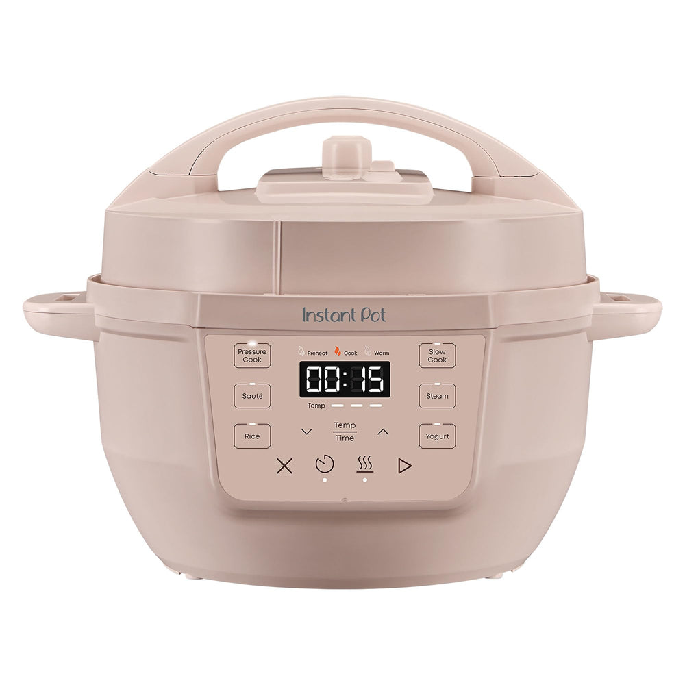 Instant Pot RIO Mini frontal mostrando el diseño Rosewater y ahorro de espacio