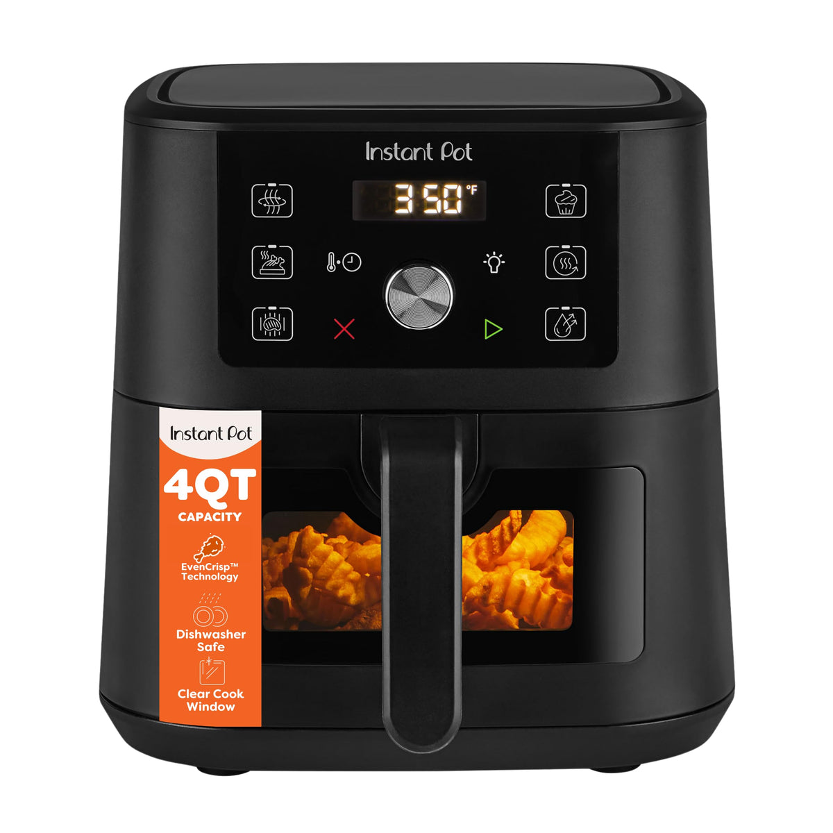 Instant Pot Vortex vista frontal negra que muestra su diseño compacto y ahorro de espacio