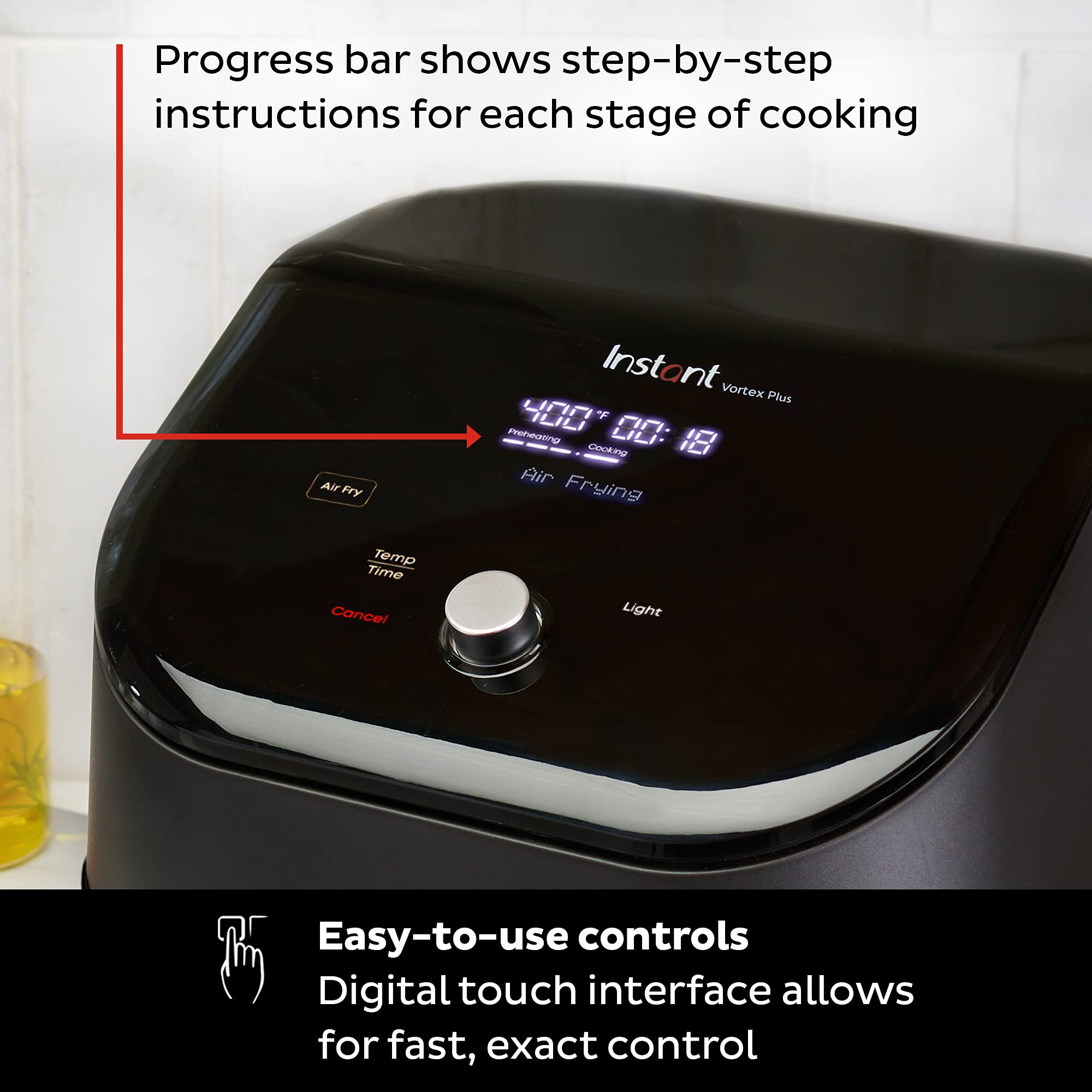 Instant Pot Vortex comparación de tamaño junto a utensilios mostrando capacidad familiar